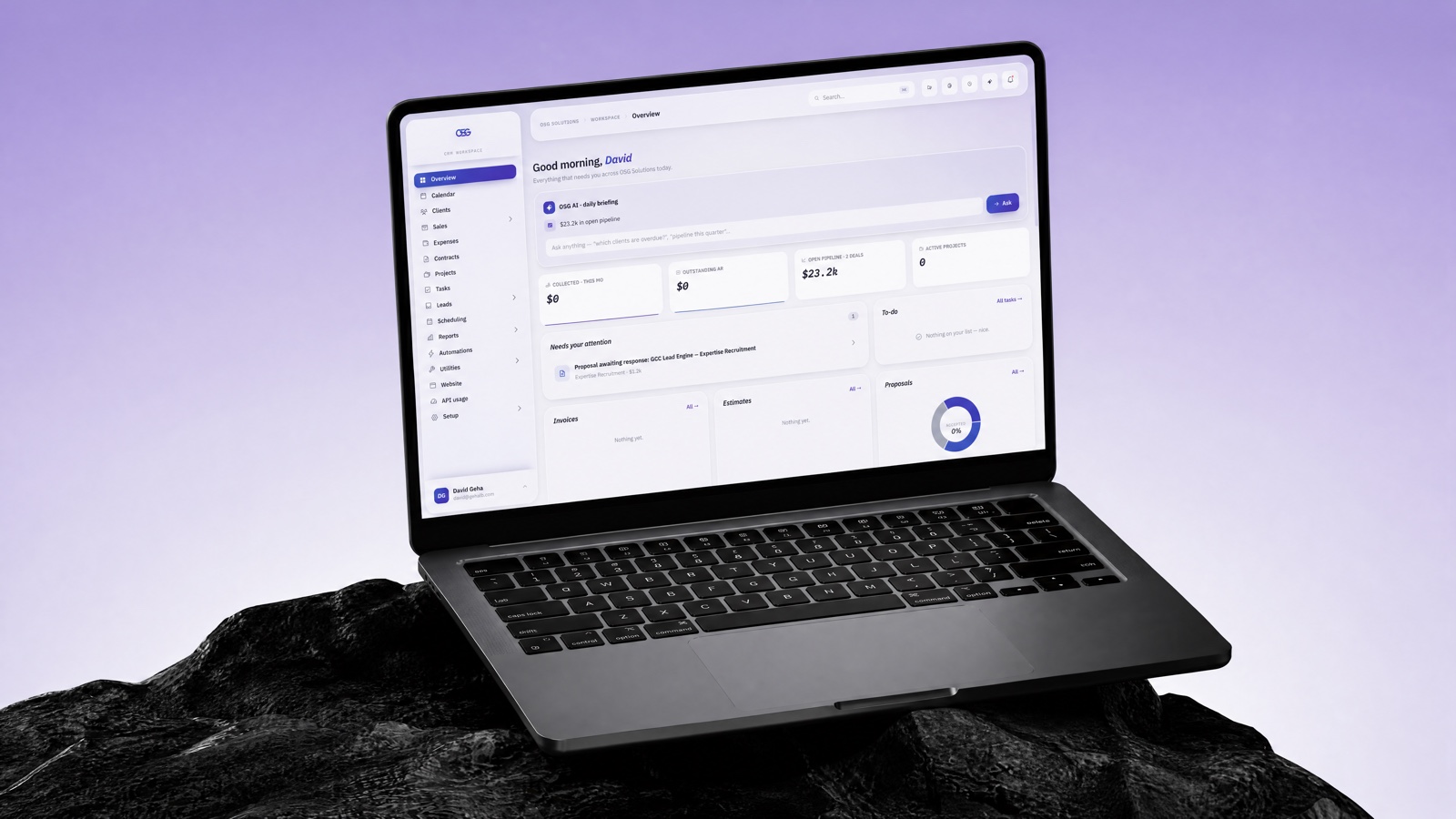 Laptop showing the OSG CRM workspace overview